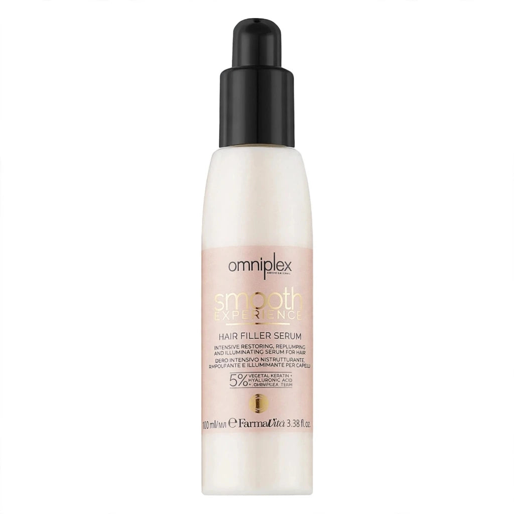 A bottle of omniplex Smooth Volume Hair Filler Serum in shade 5.7, featuring a black pump dispenser and a pale peach and white label, set against a plain white background.