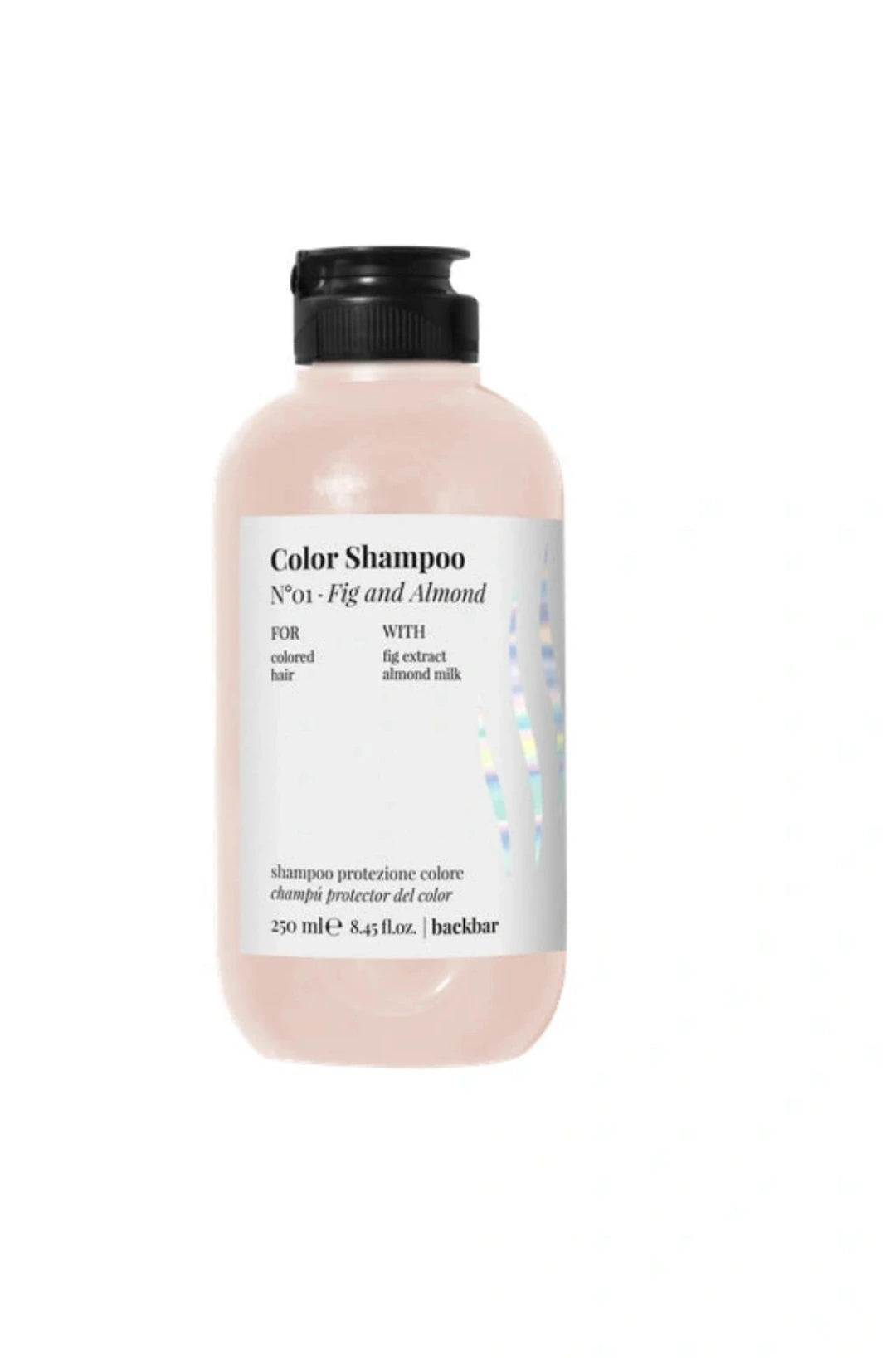 A bottle of Blackkkar Color Shampoo No. Fig and Almond, featuring a pale pink translucent bottle, a white label, and a black pump dispenser, set against a plain white background.