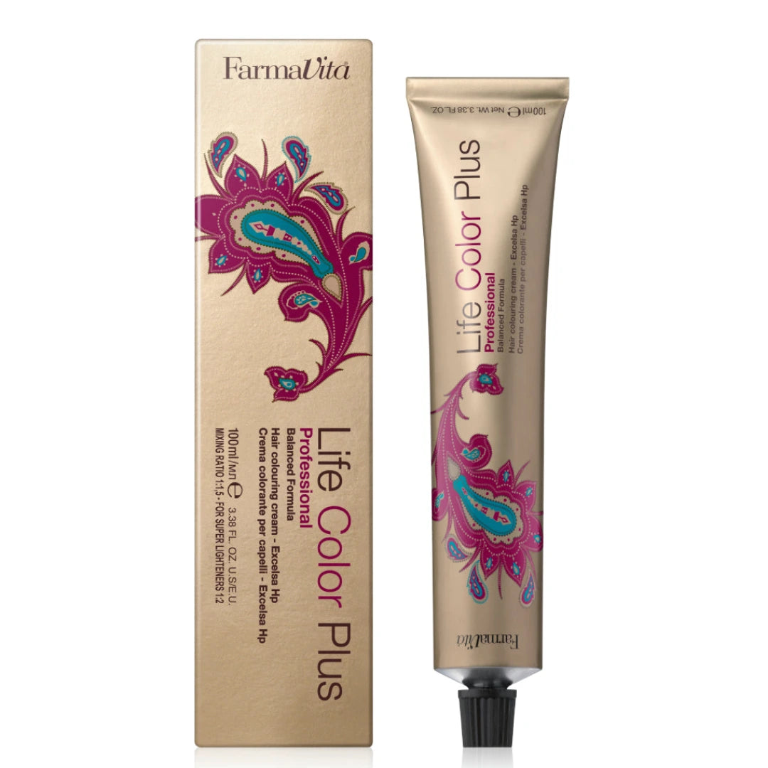 FarmaVita Life Color Plus Professional hair dye kit showing the beige cardboard box and the matching squeeze tube with a black cap, both decorated with a magenta and teal paisley pattern.