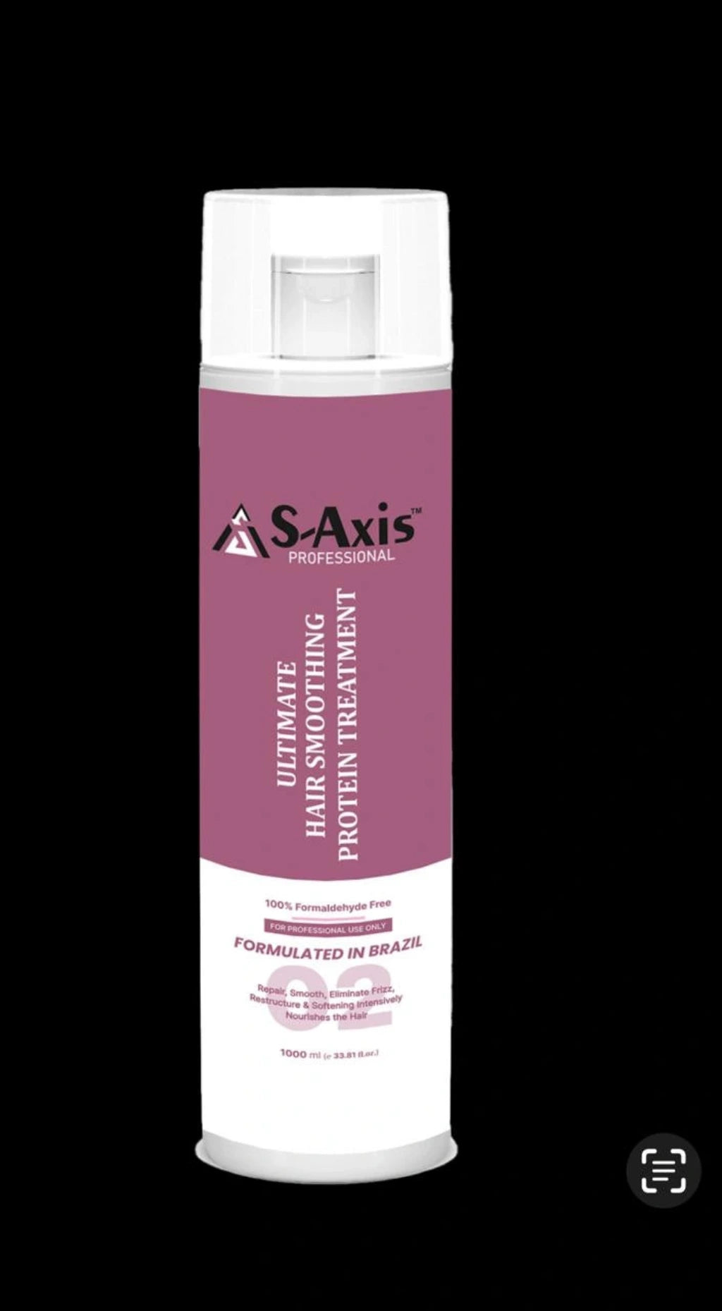 A bottle of S.Axis Professional Ultimate Hair Smoothing Protein Treatment, featuring a white bottle with a prominent mauve-pink label, set against a solid black background.