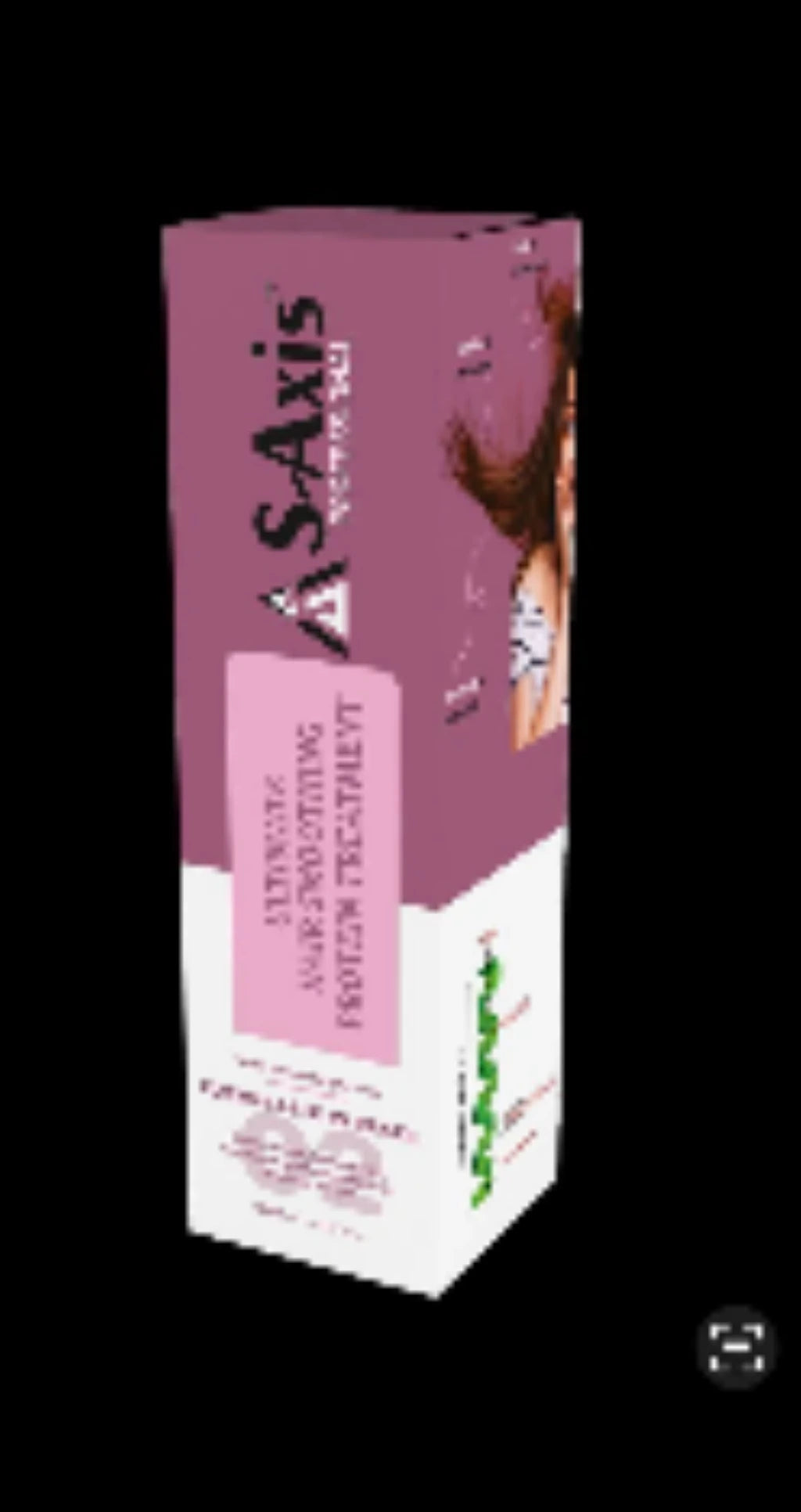 A boxed hair treatment product labeled A-Sxis Professional Ultimate Hair Smoothing Protein Treatment, shown upright on a black background. The box is primarily pink and white with a photo of a woman's hair on the front.